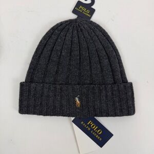 Polo Ralph Lauren Ribbed Knit‎ Beanie Hat Gray One Size Wool Blend NWT
